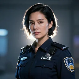 futuristic  portrait of a  middle aged  beautiful  female police officer with jet black hair , backlit  , made by Stanley Artgerm Lau, WLOP, Rossdraws, ArtStation, CGSociety, concept art, cgsociety, octane render, trending on artstation, artstationHD, artstationHQ, unreal engine, sfw, 4k, 8k,