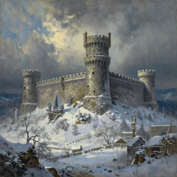 fortress in winter, game of thrones style, oil on canvas