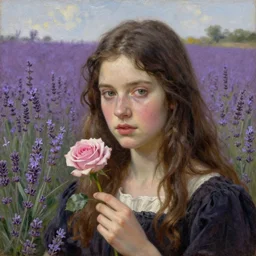 portrait of ciri holding a rose in the middle of a lavender field, by rembrandt, realistic oil painting, highly detailed face
