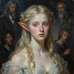 masterpiece painting of beautiful elven girl by elena kukanova, tom bagshaw, artgerm and edmund leighton, jeff easley, background by james jean and zdizslaw beksinski, 8 k, epic, majestic, volumetric lighting, porcelain skin, french nouveau, trending on artstation, behance