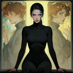 cyberpunk full shot, sitting, very detailed, cgsociety, artstation, female, black clothing, dark hair, clean, symmetry, blue eyes, intricate, impossible beauty, eye implant bionic, ponytail, staring in the void, art by krenz cushart and artem demura and alphonse mucha, detailed top high neck