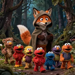 a large fox muppet wearing a hooded cloak herding a bunch of random muppet animals following behind through a dark forest, sesame street, photograph, photography, ultrarealistic, national geographic