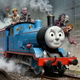 zombie thomas the train, fine details, realistic shaded lighting poster by greg rutkowski, magali villeneuve, artgerm, jeremy lipkin and michael garmash and rob rey