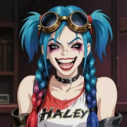 double long braids blue, blue hair, bronze steampunk welding goggles black glassed, no makeup, tane skin, insane crazy laugh, harley quinn, portrait gapmoe yandere grimdark, trending on pixiv fanbox, painted by greg rutkowski makoto shinkai takashi takeuchi studio ghibli, akihiko yoshida