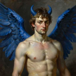 Oil painting of the handsome Daniel Sharman with blue devil wings, naturalism, dramatic lighting, high-detailed oil painting by Ilya Repin, Michelangelo da Caravaggio, William Blake, Alex Grey and Beksinski, trending on Artsatio, masterpiece, 4k, 8k,