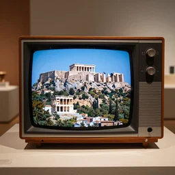a television made in ancient greece, displayed in a museum. the screen is displaying the acropolis.