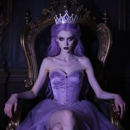 A photo of a skinny evil princess woman with light-purple hair wearing a diamond crown, sitting in a throne in a dark room. Low light. angelic
