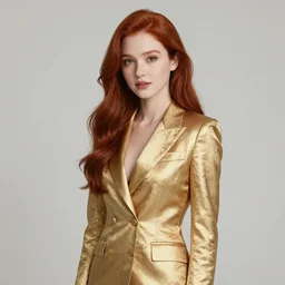 portrait of a girl with long red hair, very beautiful style, girl, in a gold suit, next to her girl standing and hugging her in a white suit blonde, desert, dunes, photorealism, sunset, edgard maxence,