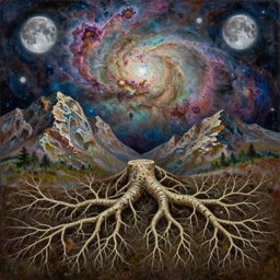 from tuberosa roots to the moons, beautiful intricate oil painting, mountains, beautiful nebula in the sky by jacek yerka, beautiful nebula in the sky by jacek yerka