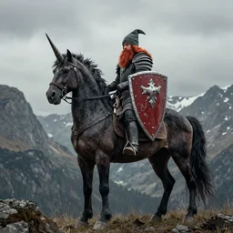 A dwarf in battle armor with a red beard an a red shield riding on a dark and uncanny unicorn in the mountains