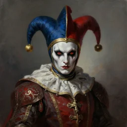 medieval jester, sinister, digital art, painting, portrait,
