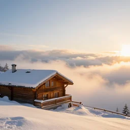 snowed in ski lodge soft light golden hour heavenly glow star lightrays thru clouds