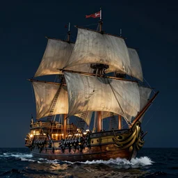 a pirate ship sailing to tortuga at night, high detail, high definition, photorealistic, 8k