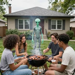 a small group of friends having a bbq with a grey alien at the backgarden of a detroit house