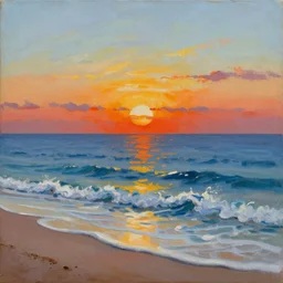popular decorative art oil painting with contrasting composition, sunset with sea waves on beach, millennium