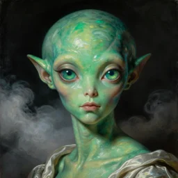 a baroque neoclassicist close - up portrait of a futuristic emerald alien with big glowing eyes and angelic features. iridescent and reflective skin and silk. head, face and shoulders, foggy black background with puffy clouds. renaissance portrait painting. sci - fi retrofuture. highly detailed science fiction painting by norman rockwell, frank frazetta, syd mead and moebius. rich colors, high contrast, gloomy atmosphere, dark background. trending on artstation.