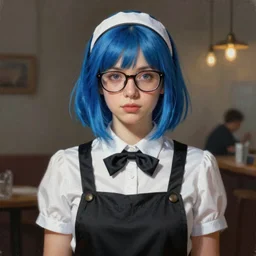 a portrait of an waitress with blue hair and glasses, Matte painting , detailed painting, made by Greg Rutkowski, 4k, atmospheric
