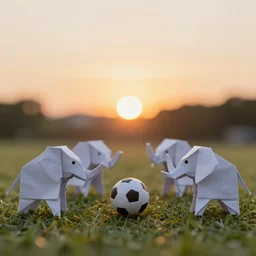 a group of origami elephant origamis playing soccer in a field. sunset in the background.