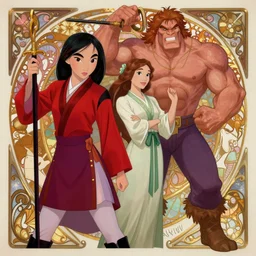 disney's mulan and hercules crossover, dnd, fantasy, intricate, elegant, highly detailed, digital painting, artstation, concept art, matte, sharp focus, illustration, hearthstone, art by artgerm and greg rutkowski and alphonse mucha