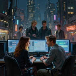 painting of a couple in front of a pc with a multitude of lights in the background a blade runner style ruined city by gerald brom and greg rutkowski, michael cheval, peter murbacher, boris vallejo, jessica rossier, cinematographic lighting, high detail, masterpiece, wow much, the fantasy art artstation hq