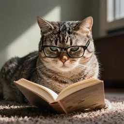 cat in glasses reading a book