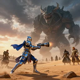 wide angle, telephoto lens, blue and gold knight in desert attacks a huge monster, storm clouds, sunset, sci fi digital painting, unreal engine 5, photorealism, hd quality, 8 k resolution, cinema 4 d, 3 d, cinematic, professional photography, art by artgerm and greg rutkowski and alphonse mucha and loish and wlop, berserk, manga