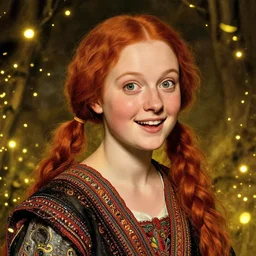 a totally amazed smiling pretty pippi longstocking surrounded by golden firefly lights in a mesmerizing scene, fully covering intricate detailed bohemian outfit, two braded ponytails sticking out to the sides, red hair, precise linework, accurate green eyes, small nose with freckles, beautiful smooth oval head, expressive emotions, hyper realistic ultrafine portrait by artemisia gentileschi, jessica rossier, greg rutkowski, artgerm