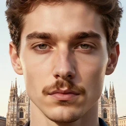 hyperrealistic portrait photo of a male face without mustache merging with a cathedral building, descend of the sun, etheric, emotionally evoking symbolic metaphors, head in focus, ornamental, intricate, elegant, golden ratio, sharp focus, art by ernst haeckel, john william godward, gustav klimt,