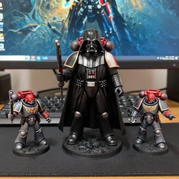 Darth Vader collects miniature battles of Warhammer 40,000 space marine figurines on his desktop at a table with a bright lamp, realism, depth of field, focus on Darth Vader,
