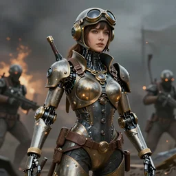 female steampunk robot fighter pilot mechanical girl. beautiful. detailed. battle background