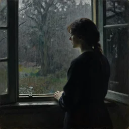 silhouette of a woman gazing out her window at the rain, extremely detailed masterpiece, oil on canvas, somber, in the world of Andrew Wyeth, artstation, by J. C. Leyendecker and Peter Paul Rubens,