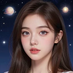 photo of a beautiful girl in the style of mark seliger, close up, views of the universe, kawaii, chris moore, trending on artstation