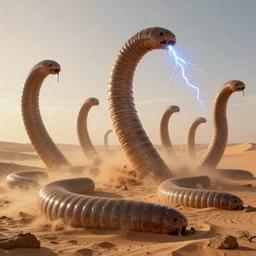 super massive sand worms are rising from the dust of empty desert, 4k, ultra details, cinematic, epic style, beautiful photo, hyper realistic, octane render, unreal engine, award winning, on artstation, volumetric lightning, masterpiece, golden hour,