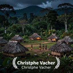 an indigenous tribe living in a small village made of huts in the jungle by night, art by christophe vacher