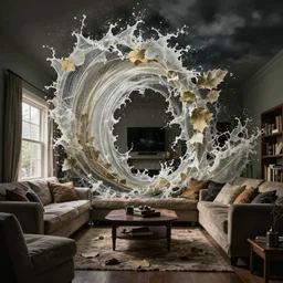 a suburban living room obliterated by a gigantic wave of delicate leaf skeletons, in the style of the dutch masters and gregory crewdson, dark and moody