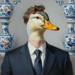 portrait of a man in a suit with the head of a duck, hyperrealism painting by igor morski, gediminas pranckevicius, beeple, ornament, porcelain, super - resolution, soft lighting, ray tracing global illumination, in a symbolic and meaningful style