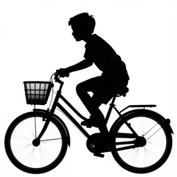 a silhouette of a boy riding a bike with basket in front of it, flying, big jump by bike, a silhouette of trees and big grass, big shiny moon on the background at night