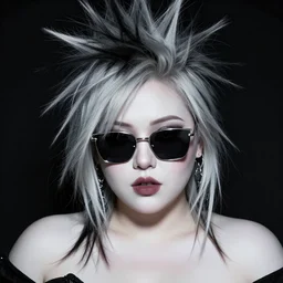 realistic high key portrait photo of a beautiful chubby curvy pale alabaster goth girl with asymmetrical punk rock hair and badass euro design sunglasses hiding a secret. mole on cheek. half portrait by stanley artgerm, dramatic lighting, by nagel, shin jeongho, nick silva and ilya kuvshinov, deviantart, detailed character design, 8 k resolution