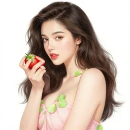 the portrait of an absurdly beautiful, graceful, elegant, curvy young woman made of strawberries and green petals, an ultrafine hyperdetailed illustration by kim jung gi, irakli nadar, intricate linework, bright colors, octopath traveler, final fantasy, angular, unreal engine 5 highly rendered, global illumination, radiant light, detailed and intricate environment