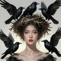 beauty woman with a crows nest on her head, cruelty, black crows, light effect, hyper detailed, intricate, elegant, highly detailed, digital painting, rule 3 4, artstation, concept art, matte, sharp focus, illustration, by dan mumford, yusuke murata, makoto shinkai, ross tran