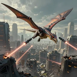 a pterodactyl flying over a destroyed cyberpunk city shooting lasers from guns strapped to its wings fantasy, by greg rutkowski