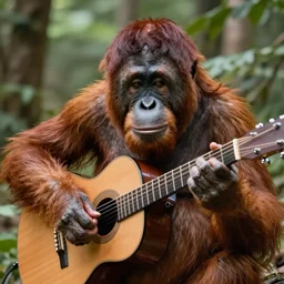 a orangutan playing a guitar, 8 k, hyper realistic, digital art,