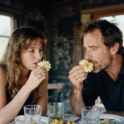 closeup portrait of a couple eating flowers at a dining table, in a burnt charred house, by Annie Leibovitz and Steve McCurry, natural light, detailed face, CANON Eos C300, ƒ1.8, 35mm, 8K, medium-format print