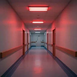 an hallway in hospital with red lights in the roof, octane render, artstation trending, highly detailded