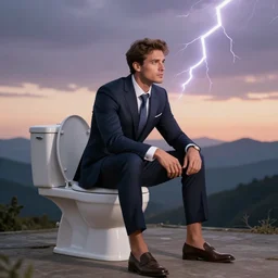 An affluent suit wearing man sitting on a toilet, sunset mountain horizon background setting, toilet struck by lighting bolt