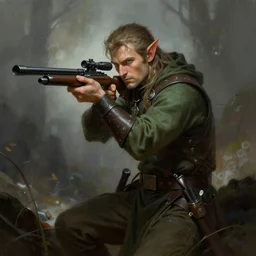 an elven sniper in the style of frank frazetta in the style of leonard boyarsky hyper detailed photorealistic hd 8 k post - processing high resolution