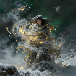 streams of smoke and snow swirl obscure a woman, swirling flashes of gold and silver light, wind - blown sheets, traces of green, cinematic lighting, fantasy painting, distant planet