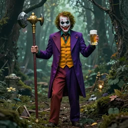 robert de niro as medieval joker, crazy colorful clothing with a heavy golden mace in his left hand and a beer jug in his right hand, full body portrait, symmetrical face, intricate details, wandering through a forbidden forest, trending on artstation, 8k hyperrealistic, style of peter mohrbacher, octane render, unreal engine