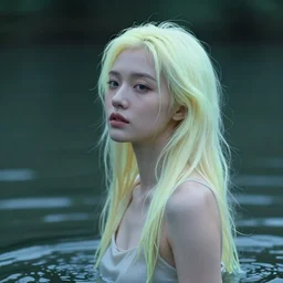a beautiful thin pale woman in the lake, neon glowing hair, 4k telephoto lens,