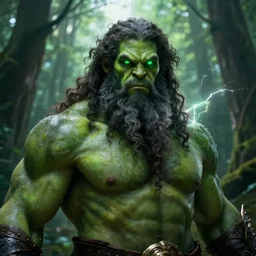 cinematic shot epic portrait the forest god, green skin, muscular, long curly beard, long curly hair, green glowing eyes, sweaty skin, armor, lighting strike, forest backround, broad light, ambient occlusion, volumetric light effect, made by ivan aivazovsky, peter mohrbacher, greg rutkowski, matte painting, trending on artstation, 4 k, perfectly defined features, digital painting, cinematic, epic, highly detailed,